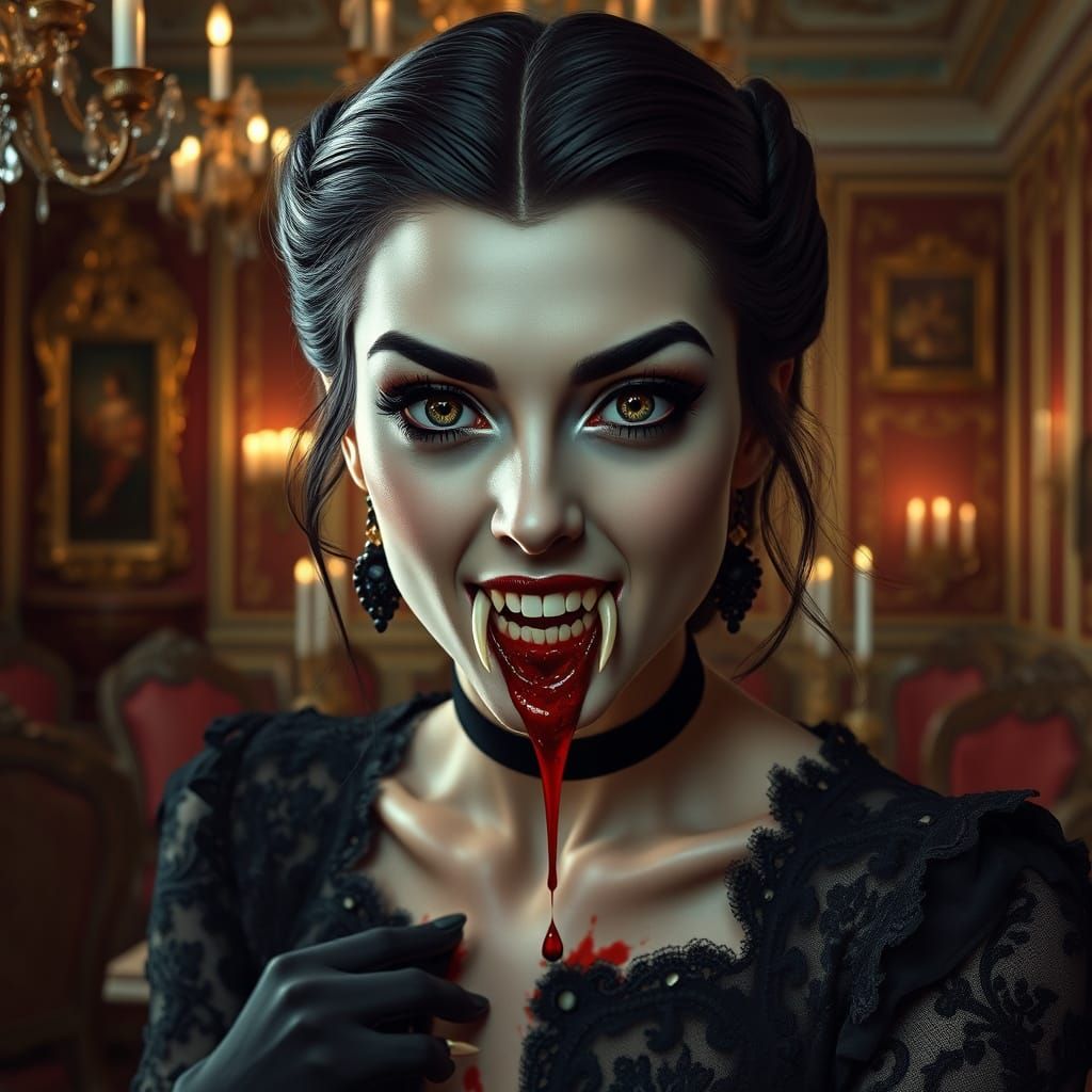 Baroque Vampire Goddess in Opulent Dining Hall