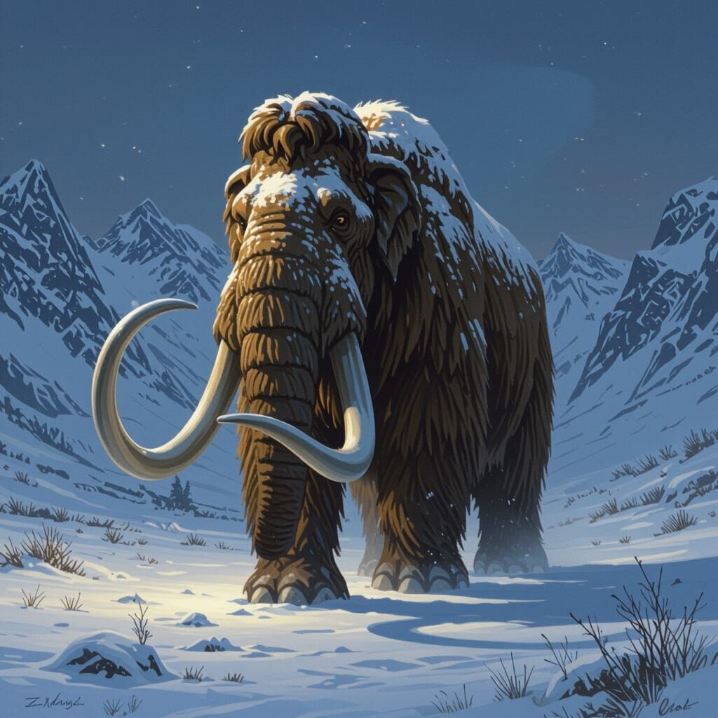 Woolly Mammoth in Snowy Valley, Science Fiction Art