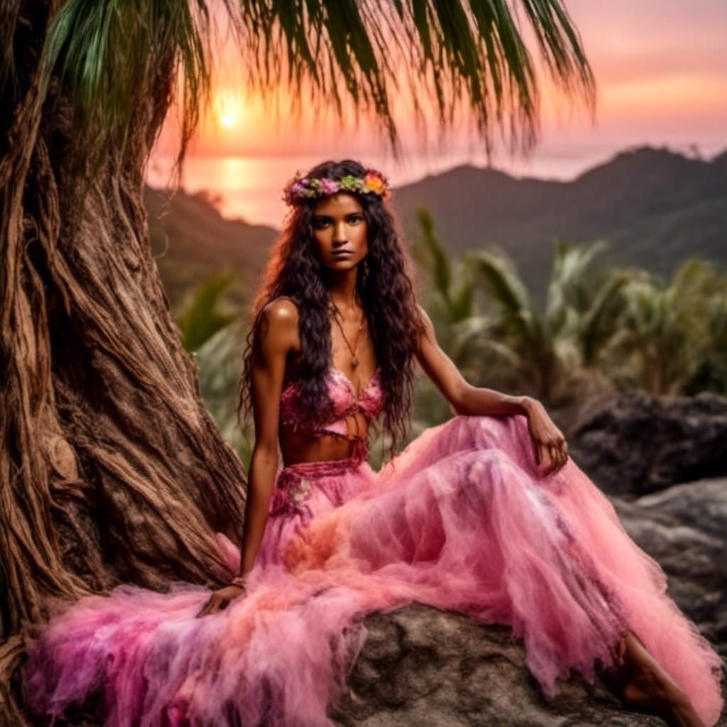 Tropical Flower Fairy on a Sunset Beach