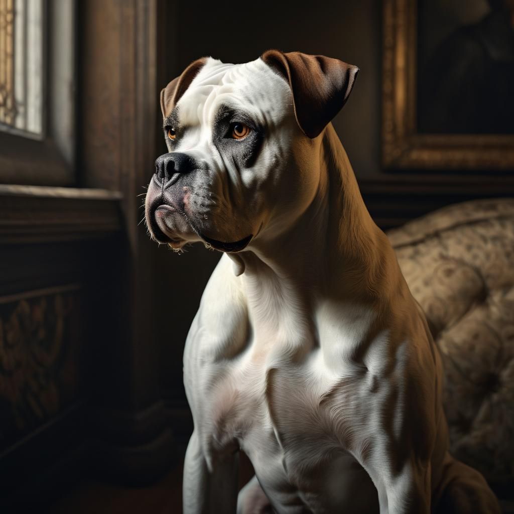 Baroque Portrait of White Boxer Dog in Old Master Style