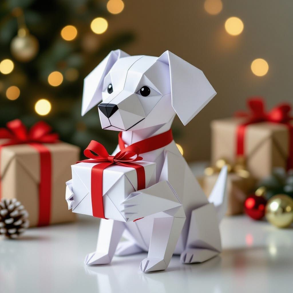 Origami Christmas Dog with Present in Papercraft Style