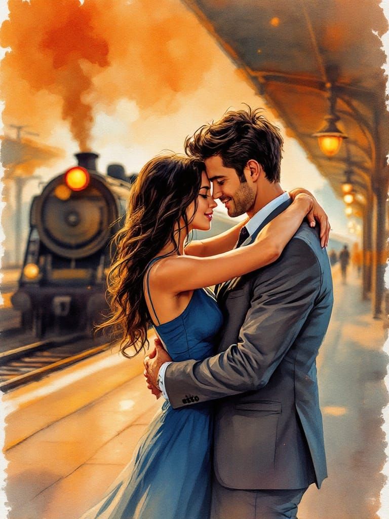A Watercolor Embrace on a Train Platform