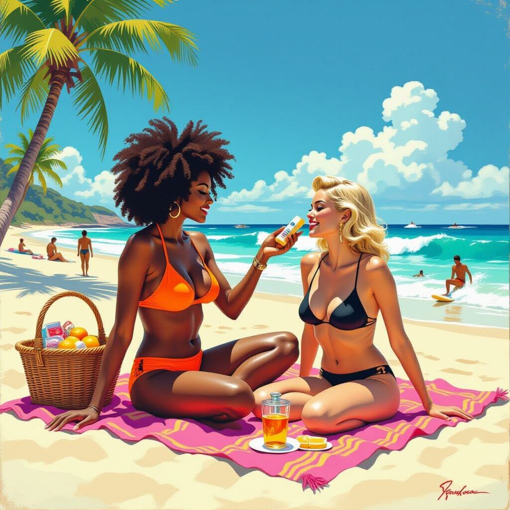 Vintage Pulp Art: Sunscreen Application on Beach