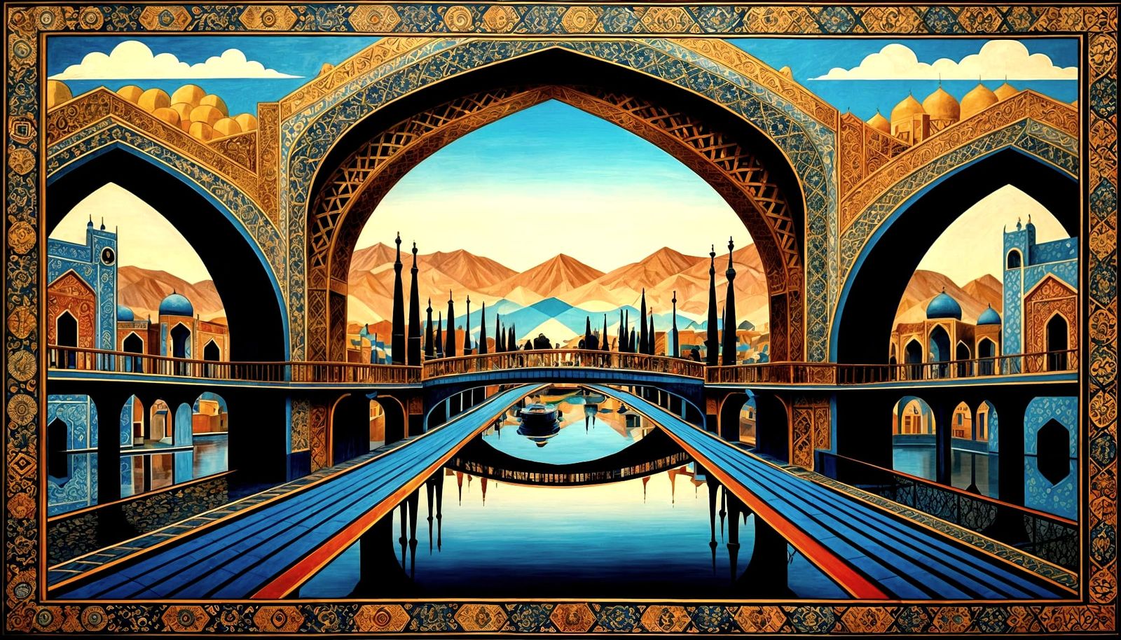Geometric Bridge in Qajar Art Style