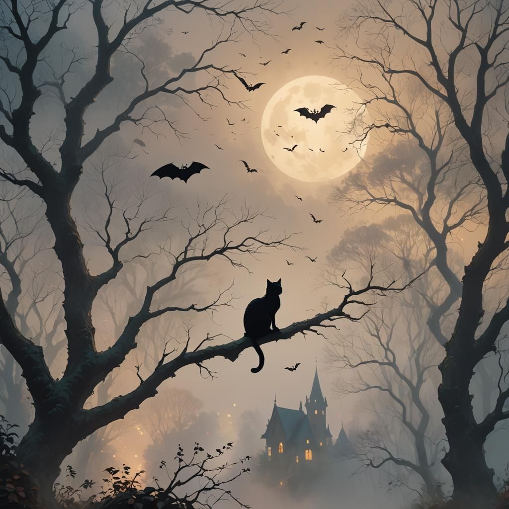 Minimalist Cat and Bats in Ethereal, Misty Forest