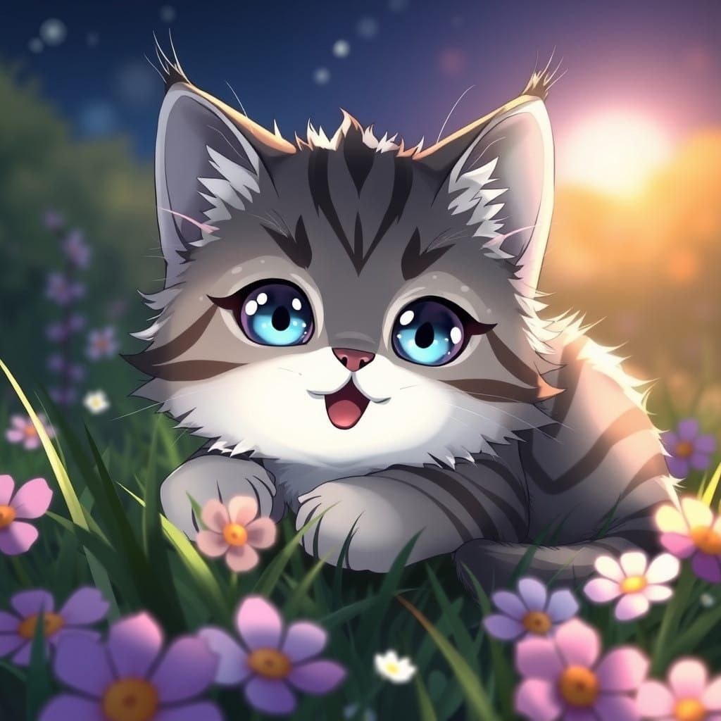 Anime Style Grey Cat Lying in a Flowery Field at Night