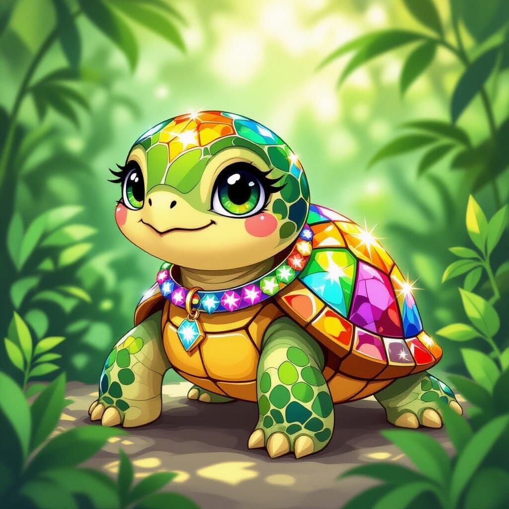 Kawaii Turtle with Stained Glass Shell, Mosaic Style