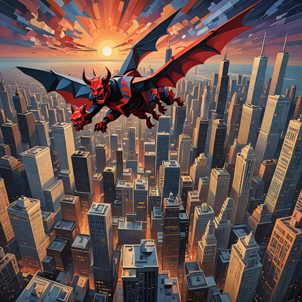 Devil Over Chicago: A Cubist Art Deco Painting