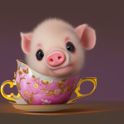 Kawaii Piglet in Teacup: Detailed Fantasy Concept Art