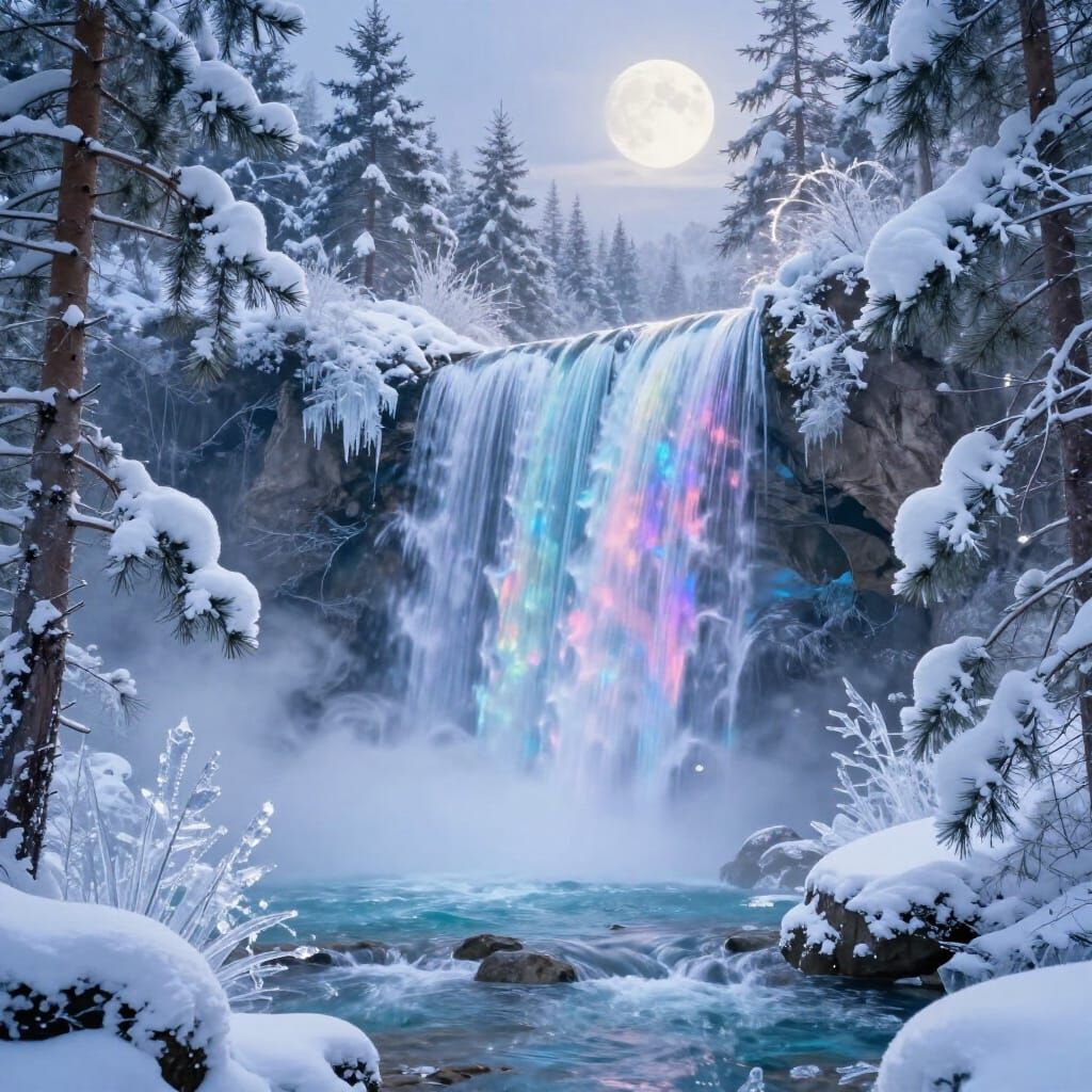 Magical Winter Waterfall Scene with Ethereal Colors