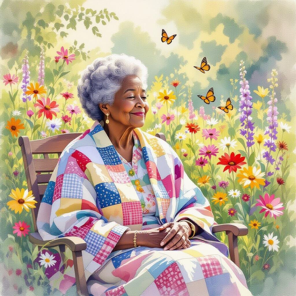 Elderly Woman in Sun-Drenched Garden: Watercolor Painting