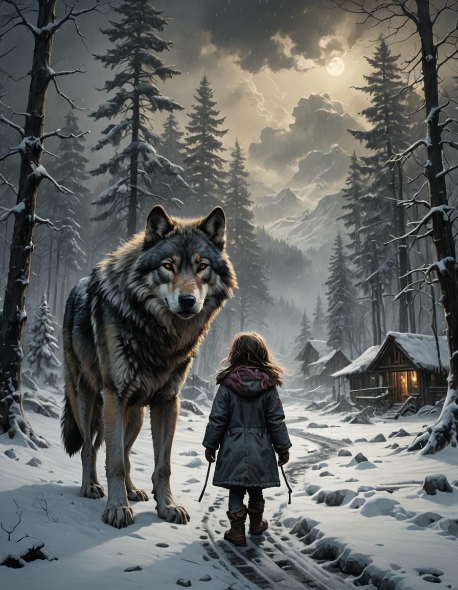 Girl and Wolf in Winter, Digital Painting