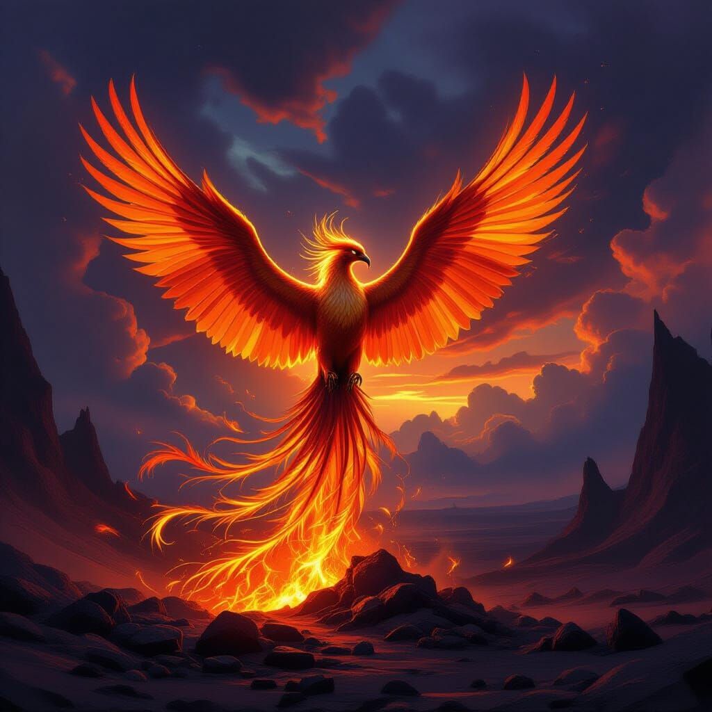 Majestic Phoenix Rises From Ashes in Volcanic Landscape