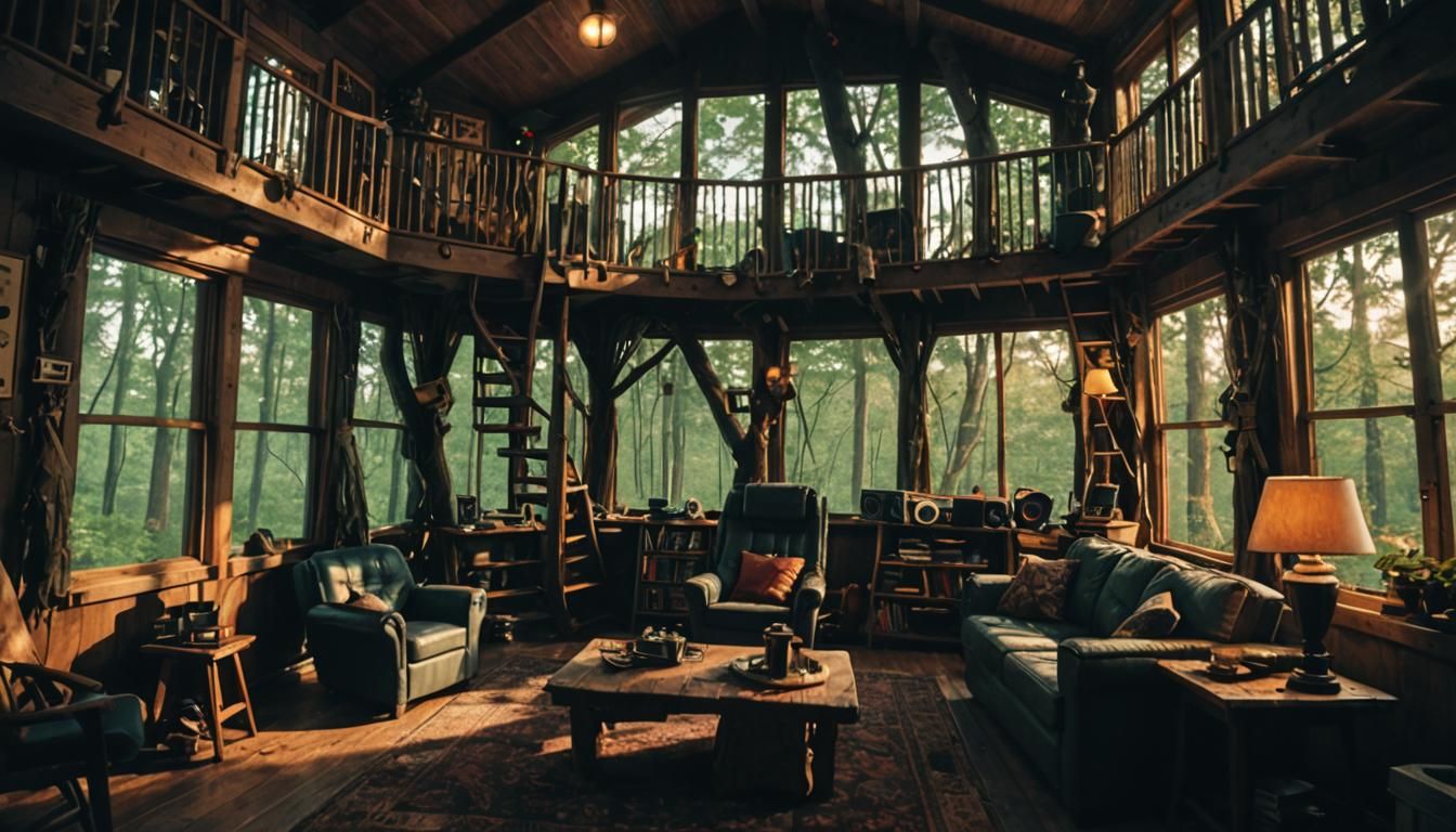 Cinematic Treehouse Living Room Film Still