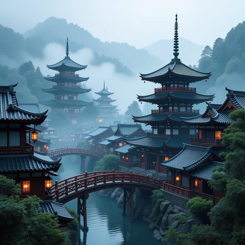 Steampunk Feudal Japan in Misty Mountains