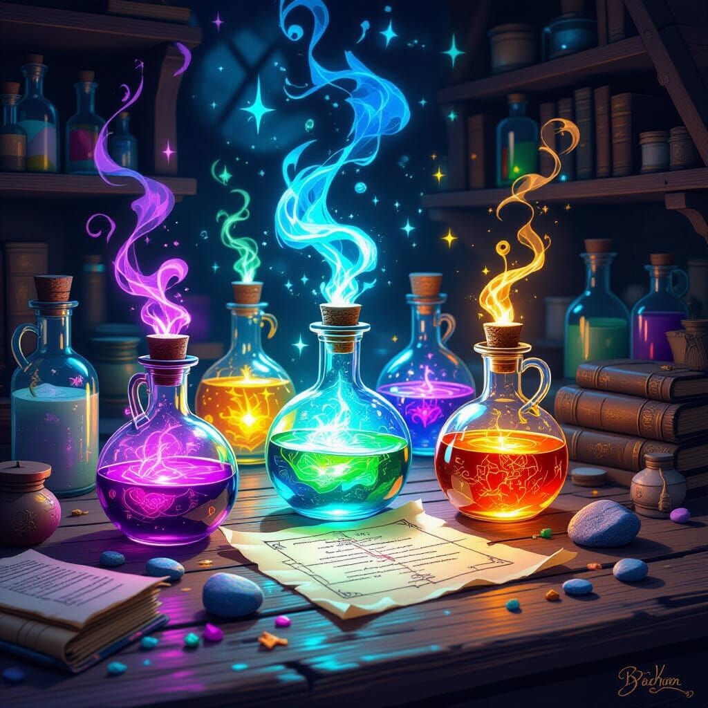 Magical Potions Workbench with Sparkling Dragon and Runes