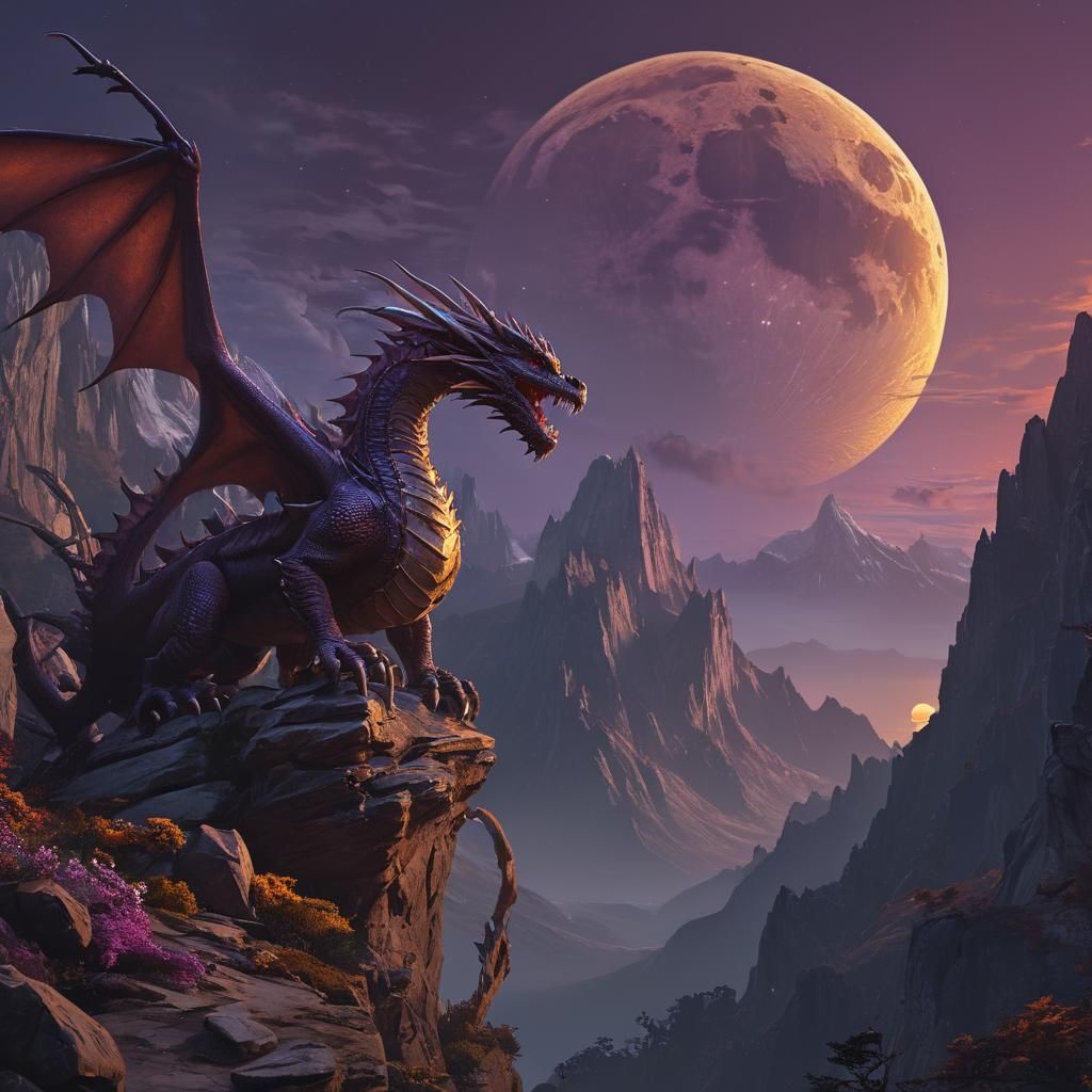 Fantasy Dragon Overlooking Moonlit Mountain, Detailed Art