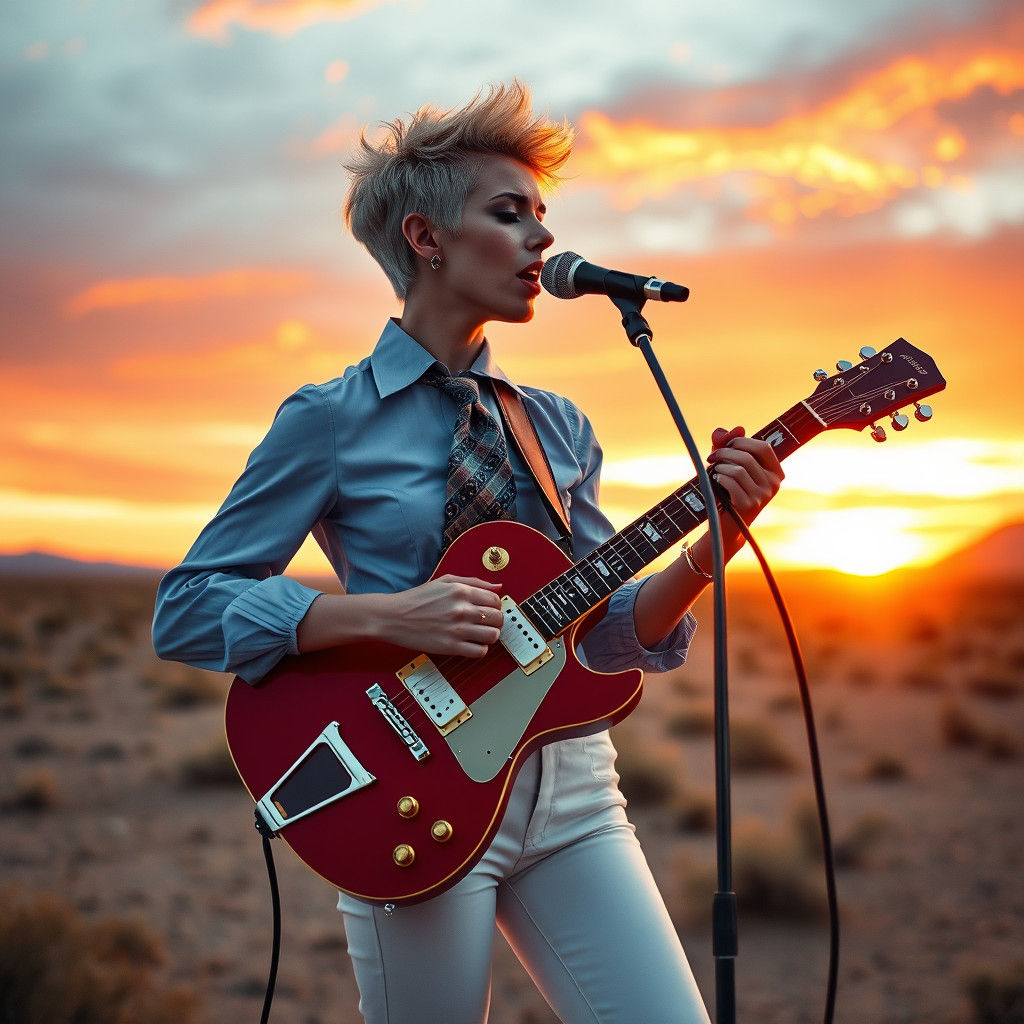 Androgynous Guitarist in Desert Sunset, Nagel Style