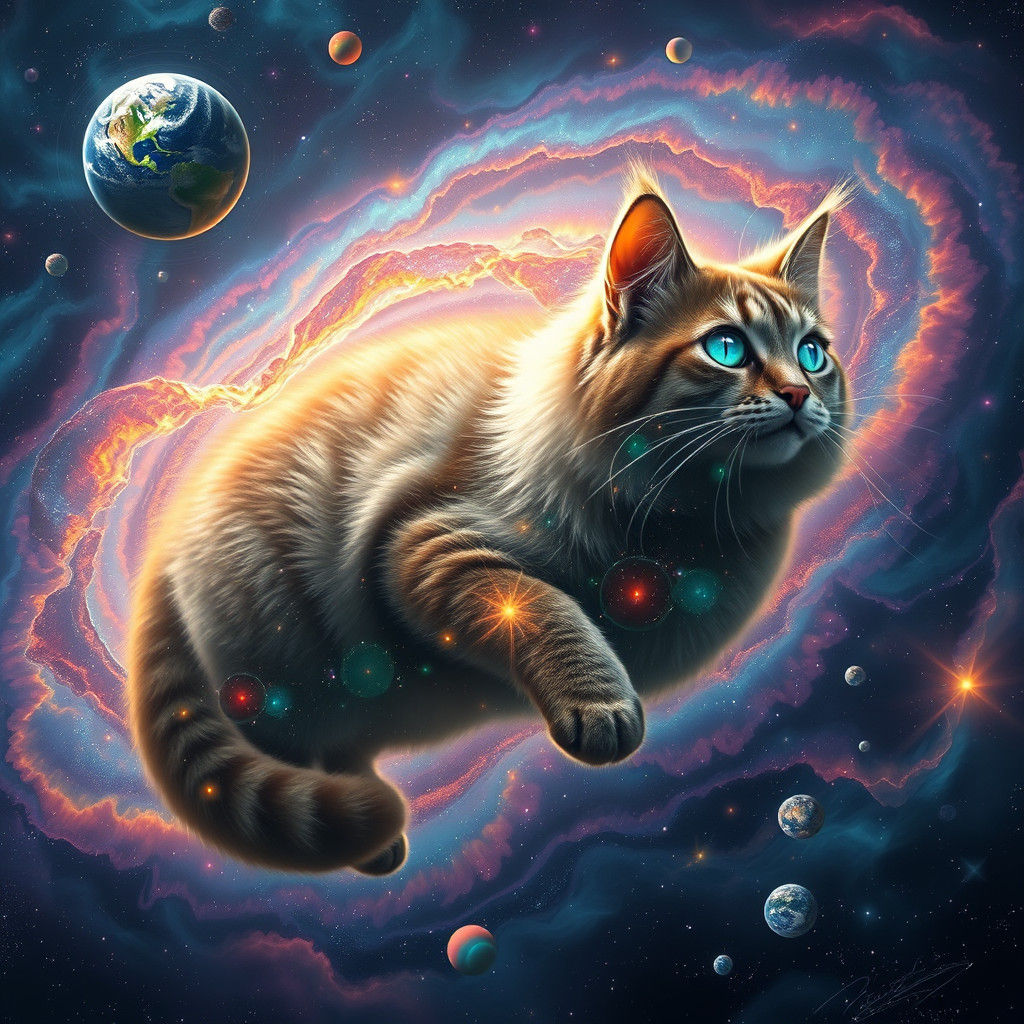 Celestial Cat Amidst Swirling Galaxy in Matte Painting