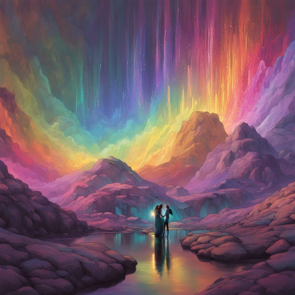 Dreamy Retrofuturistic Scene with Iridescent Gown and Metall...