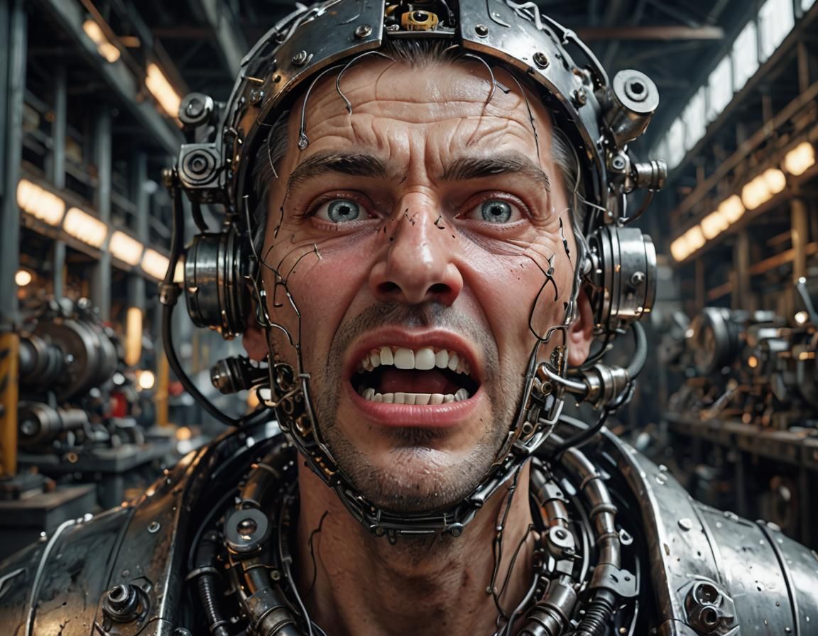 Stunned Face in Hyperrealistic 3D CGI Industrial Scene