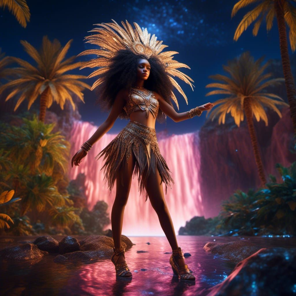 Feathered Dancer in Oasis Night, Detailed Matte Painting