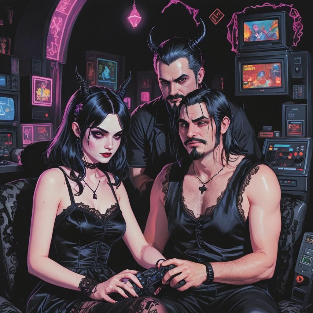 Gothic Couple Gaming in Neon-Lit Style