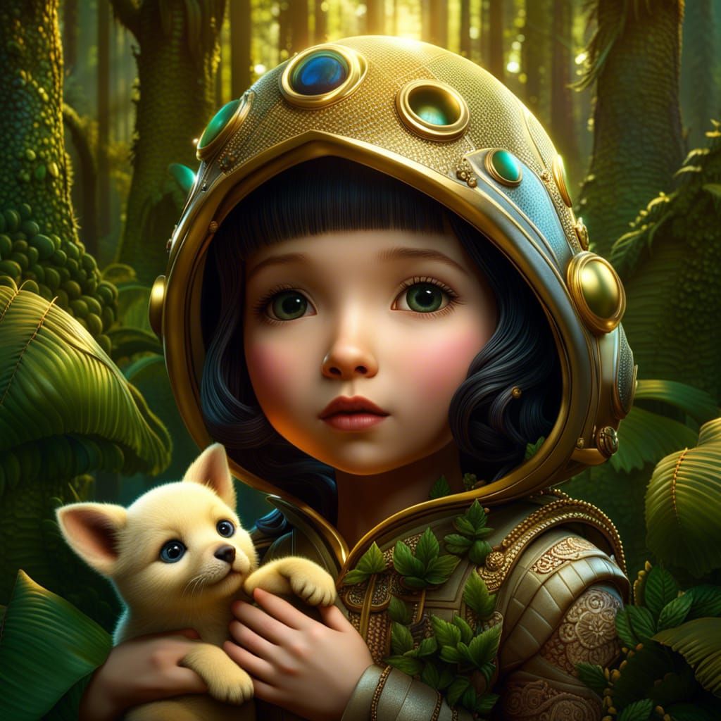 Girl Hugging Puppy in Sunny Forest, Pop Surrealism