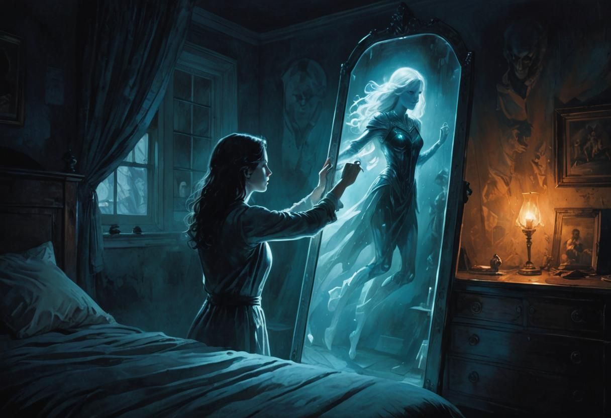 Ghostly Apparition Trapped in Mirror as Dark Fantasy Art