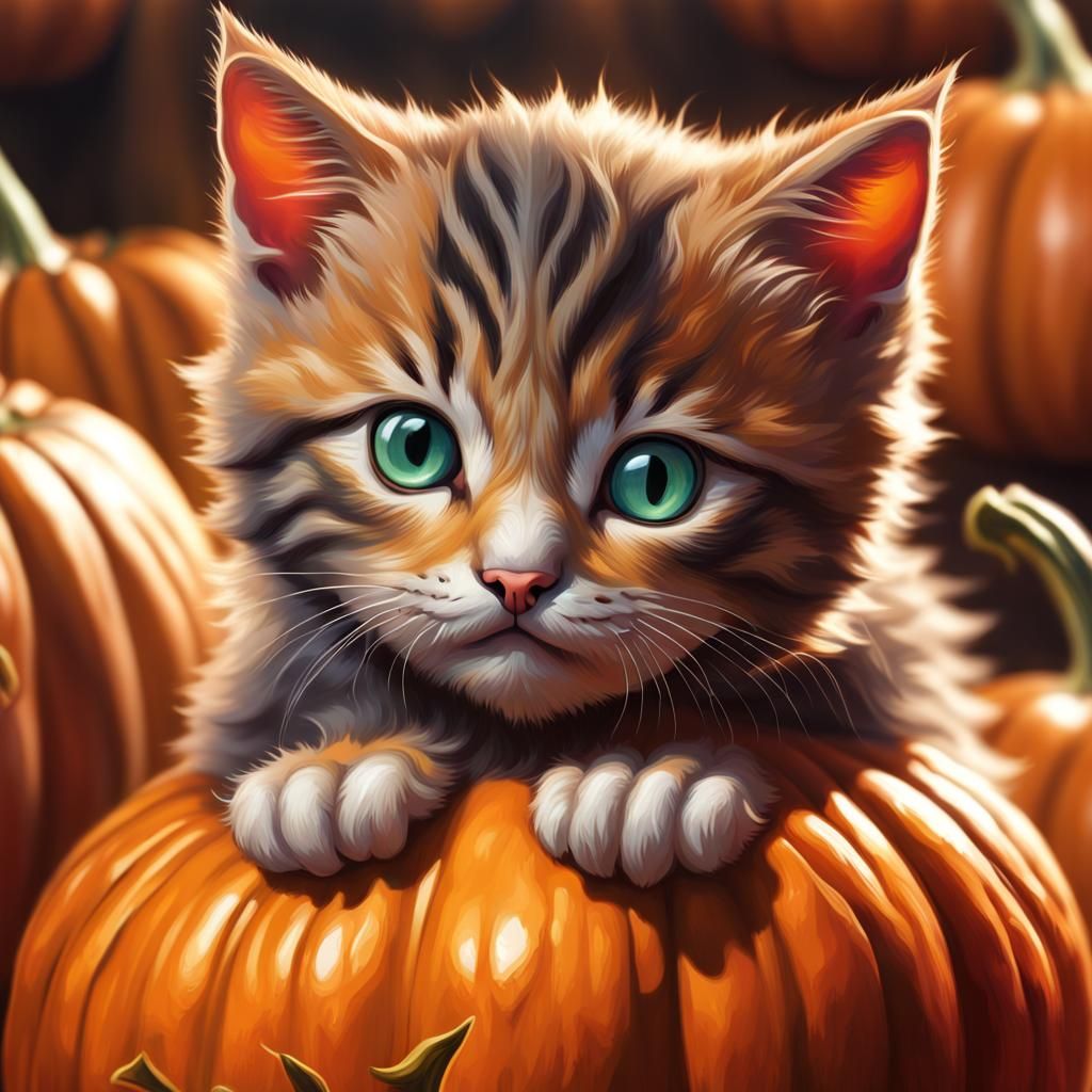 Hyperrealistic Kitten Inside a Colorful Halloween Pumpkin