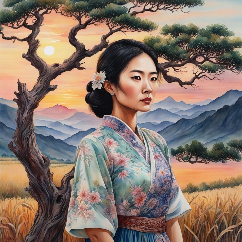 Watercolor Painting: Asian Woman in Rice Field