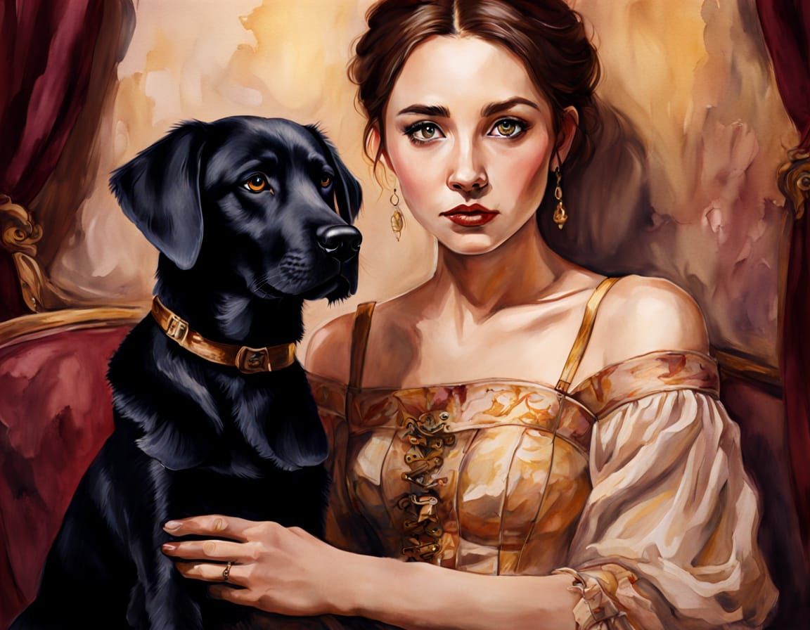 Elegant Woman with Puppy in Watercolor Splash Art