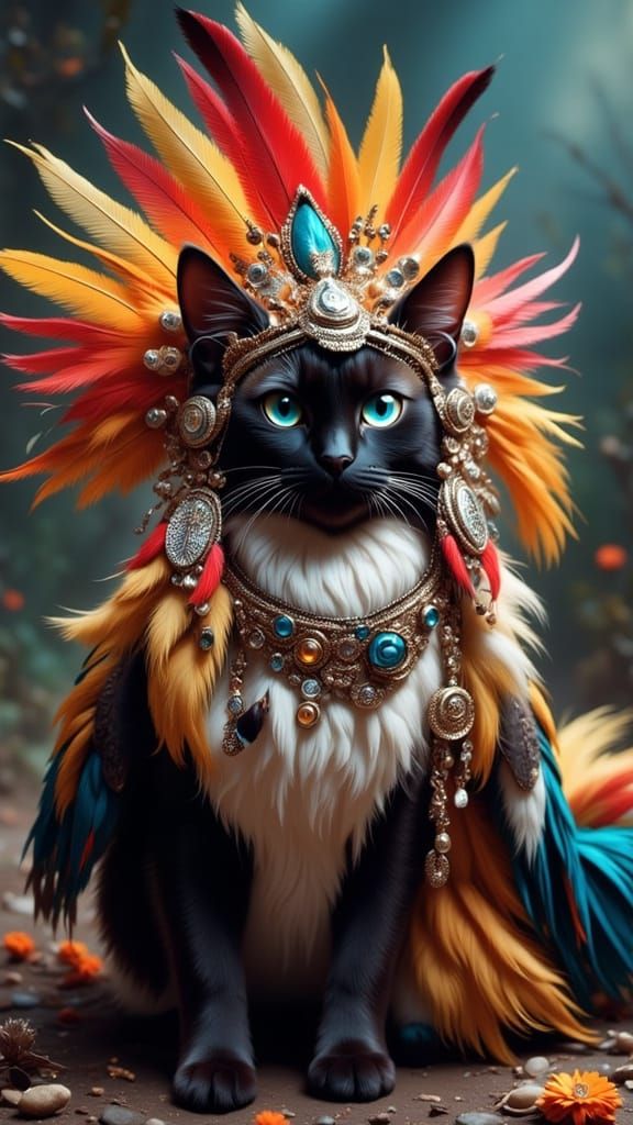 Native Cat with Feathered Headdress in Epic Style