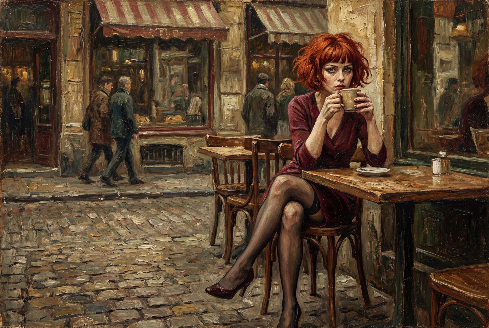 Red Haired Woman at Cafe in Flemish Expressionist Style