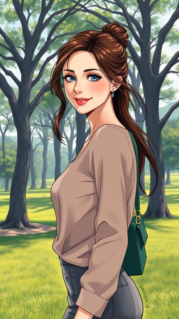 Woman Walking in Park in Manga 2D Style