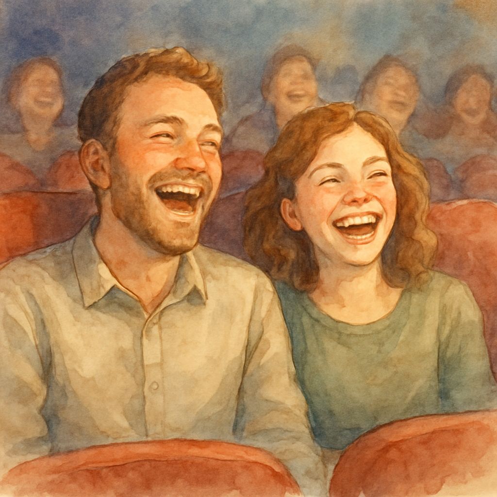 Joyful Couple Laughing at Comedy Movie in Cinema