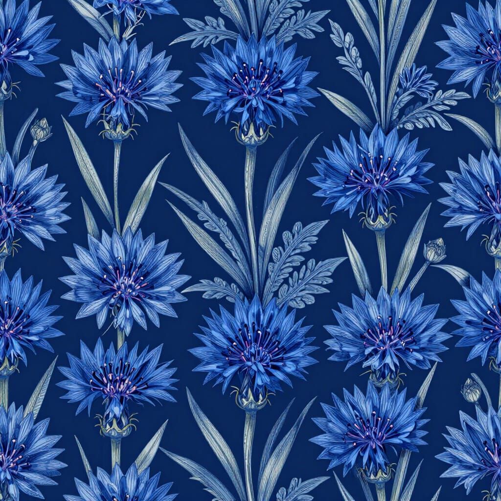 William Morris Style Cornflower Pattern in Arts and Crafts A...