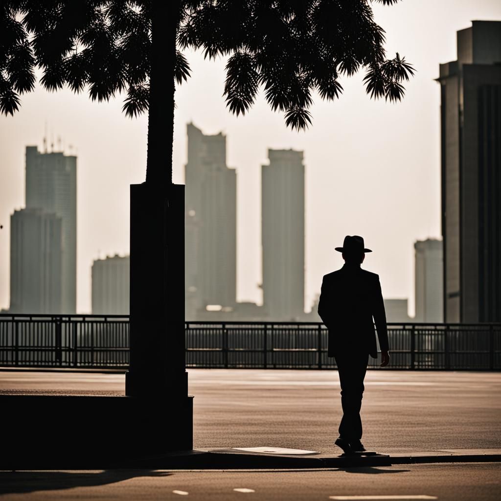 Lonely Man Silhouette Walks Jakarta Corner in Cinematic Styl...