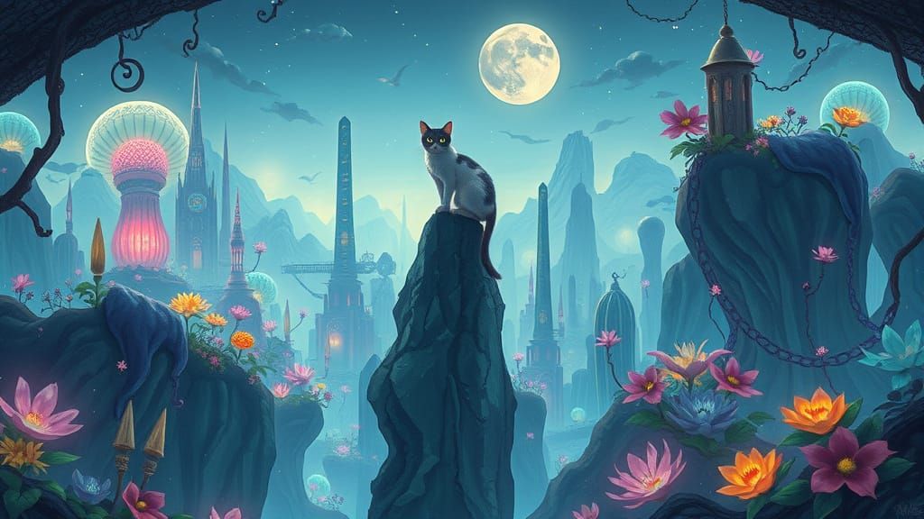 Moonlight Cat on Crystalline Tower in Alien Jungle