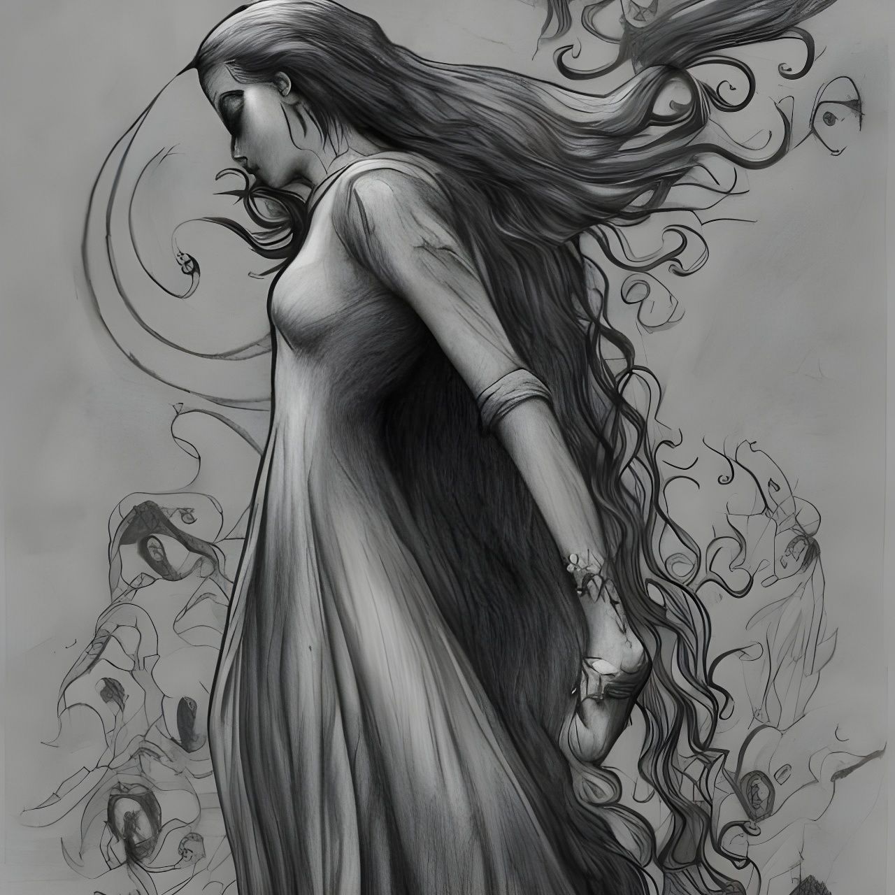 Detailed Pencil Sketch of Sorrow in Grayscale