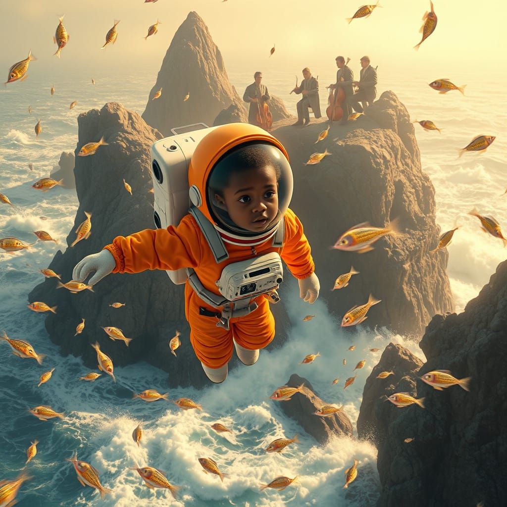 Astronaut Boy Surrounded by Music and Wonder