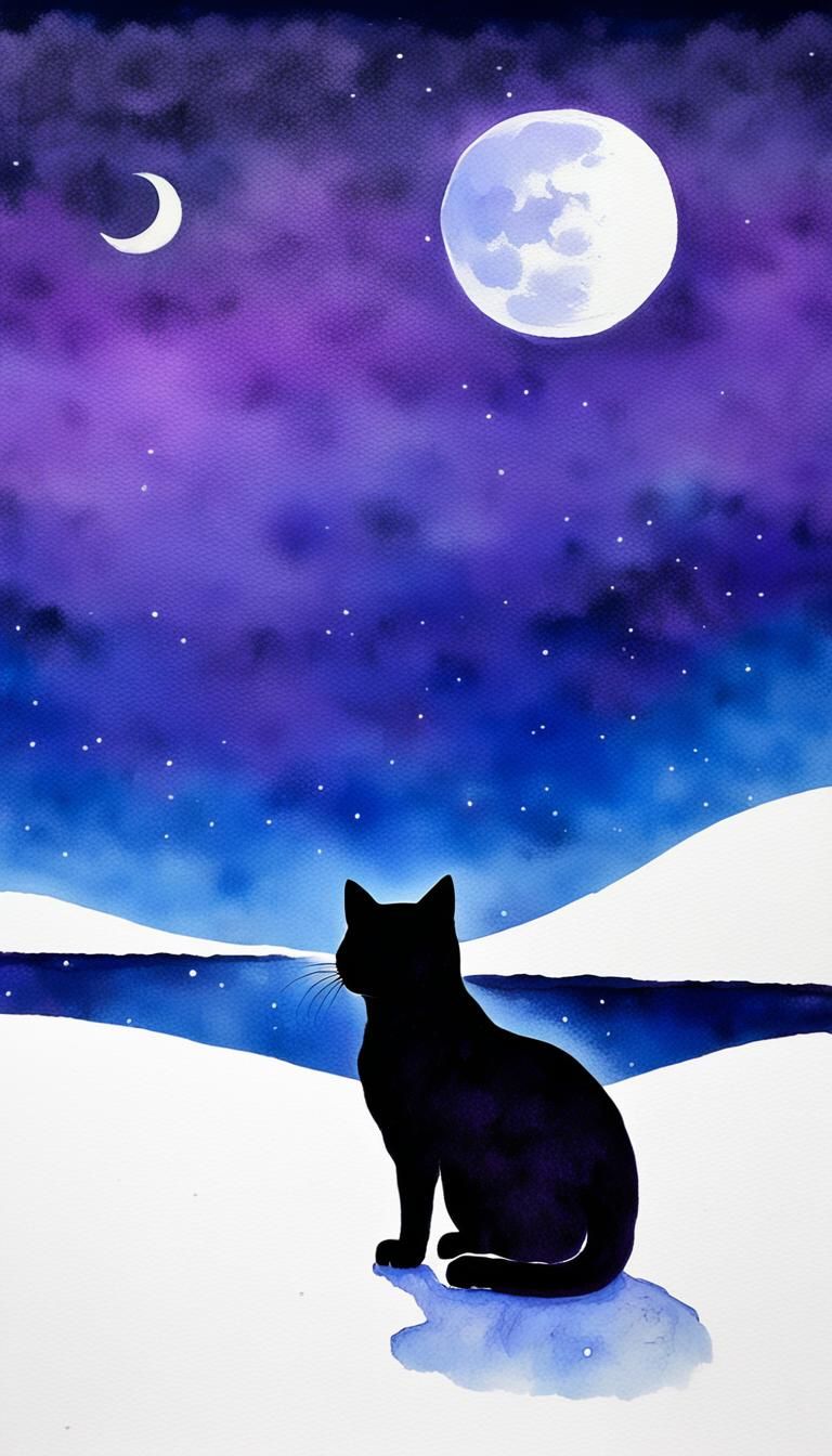 Minimalist Chinese Ink Painting of Cat at Night