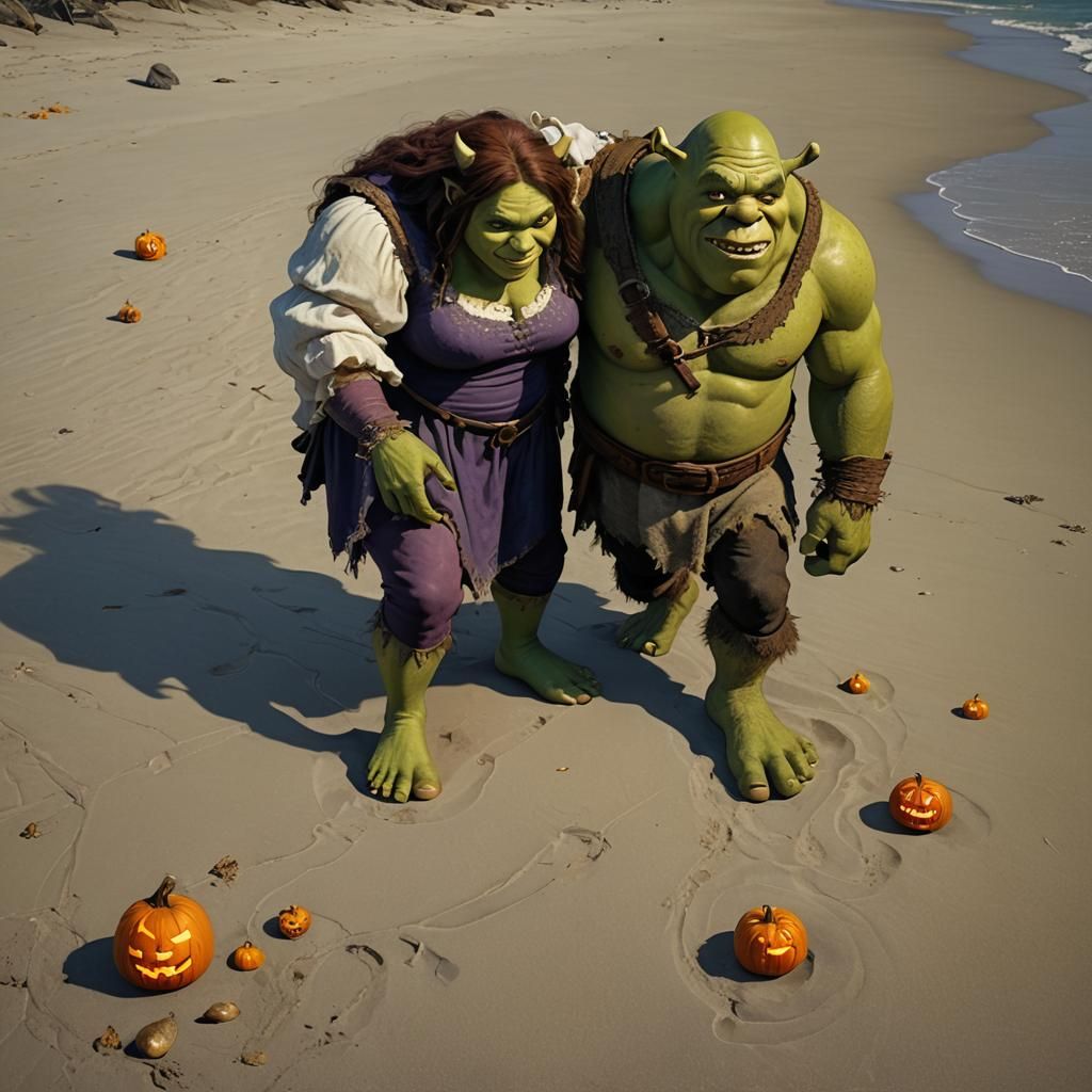 Shrek and Fiona under a Warm Halloween Moonlight