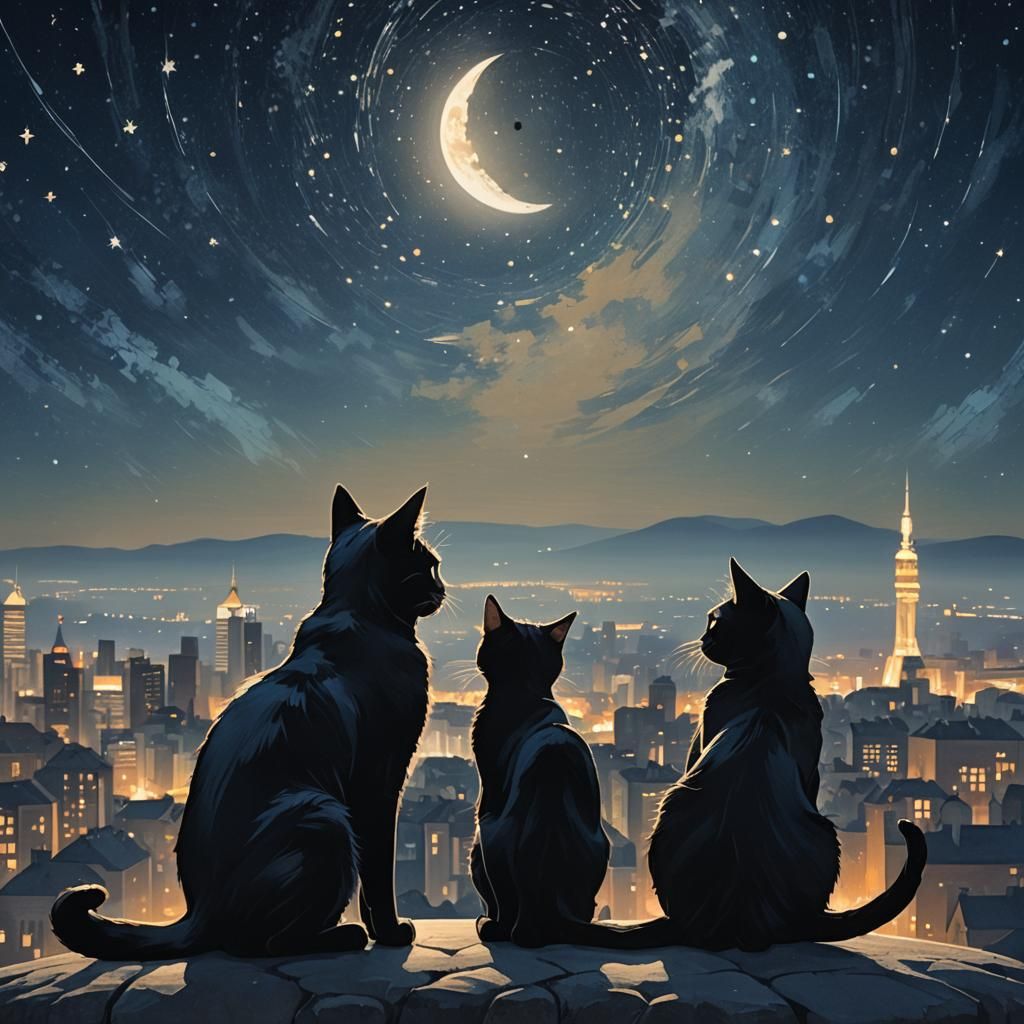 Cats Under Starry Sky in Romantic Silhouette