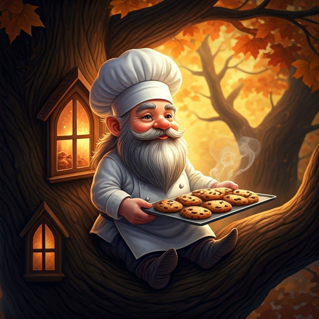 Adorable Gnome Chef Offers Cookies in Autumn Treehouse