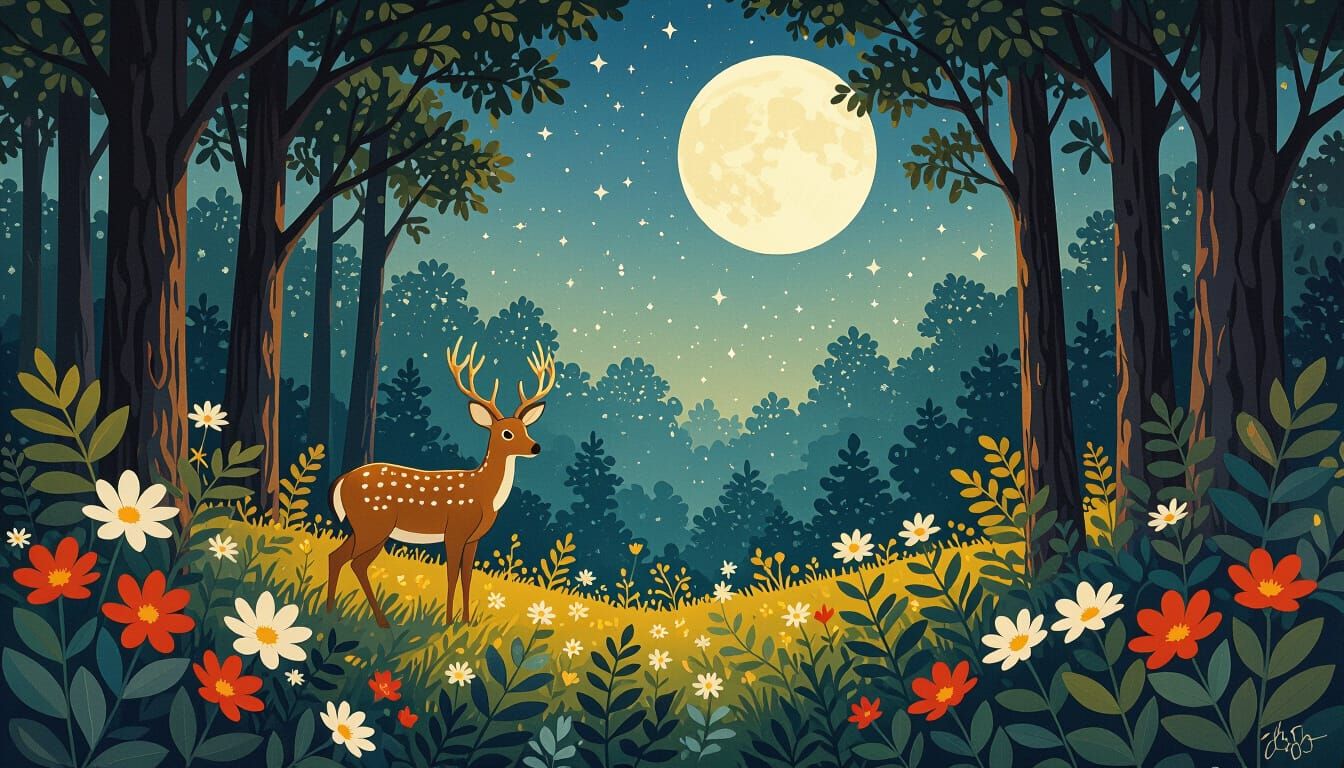 Magical Forest Scene with Deer and Tropical Plants