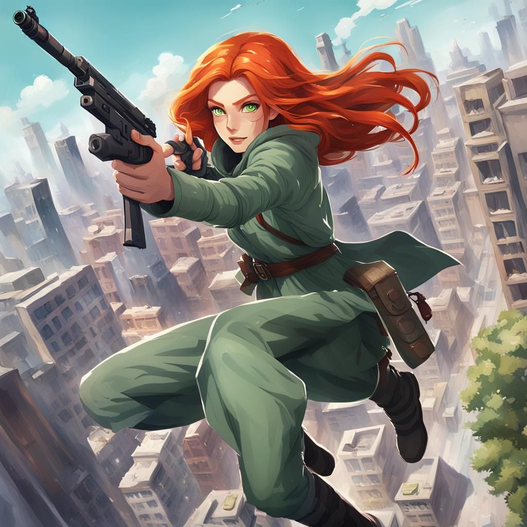 Magnet Mage Floating Above City with Sniper Rifle