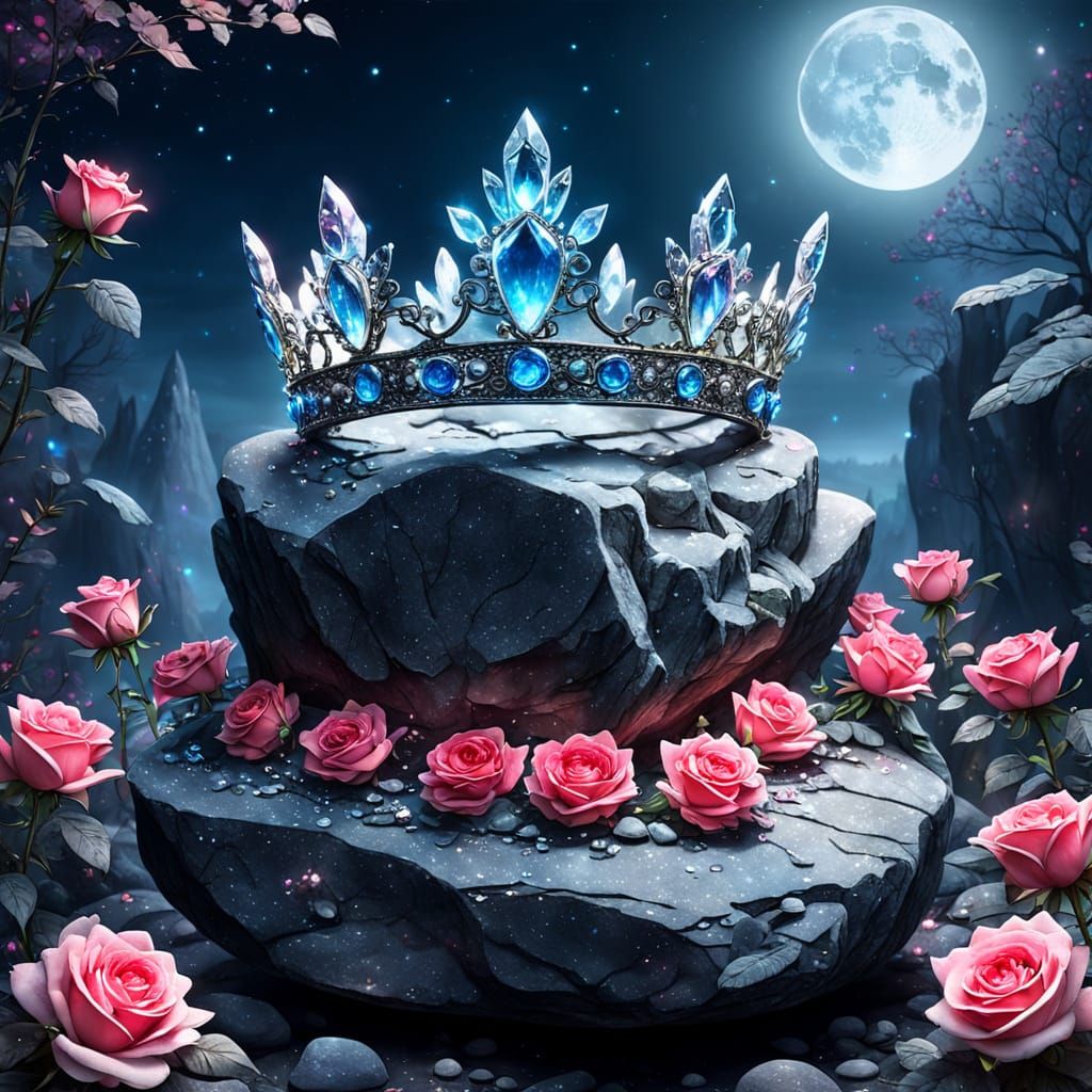 Crystal Crown on Rock Under Moonlight with Magical Roses