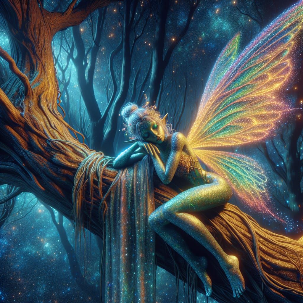 Glitter-Skin Fairy Sleeping on a Tree Branch