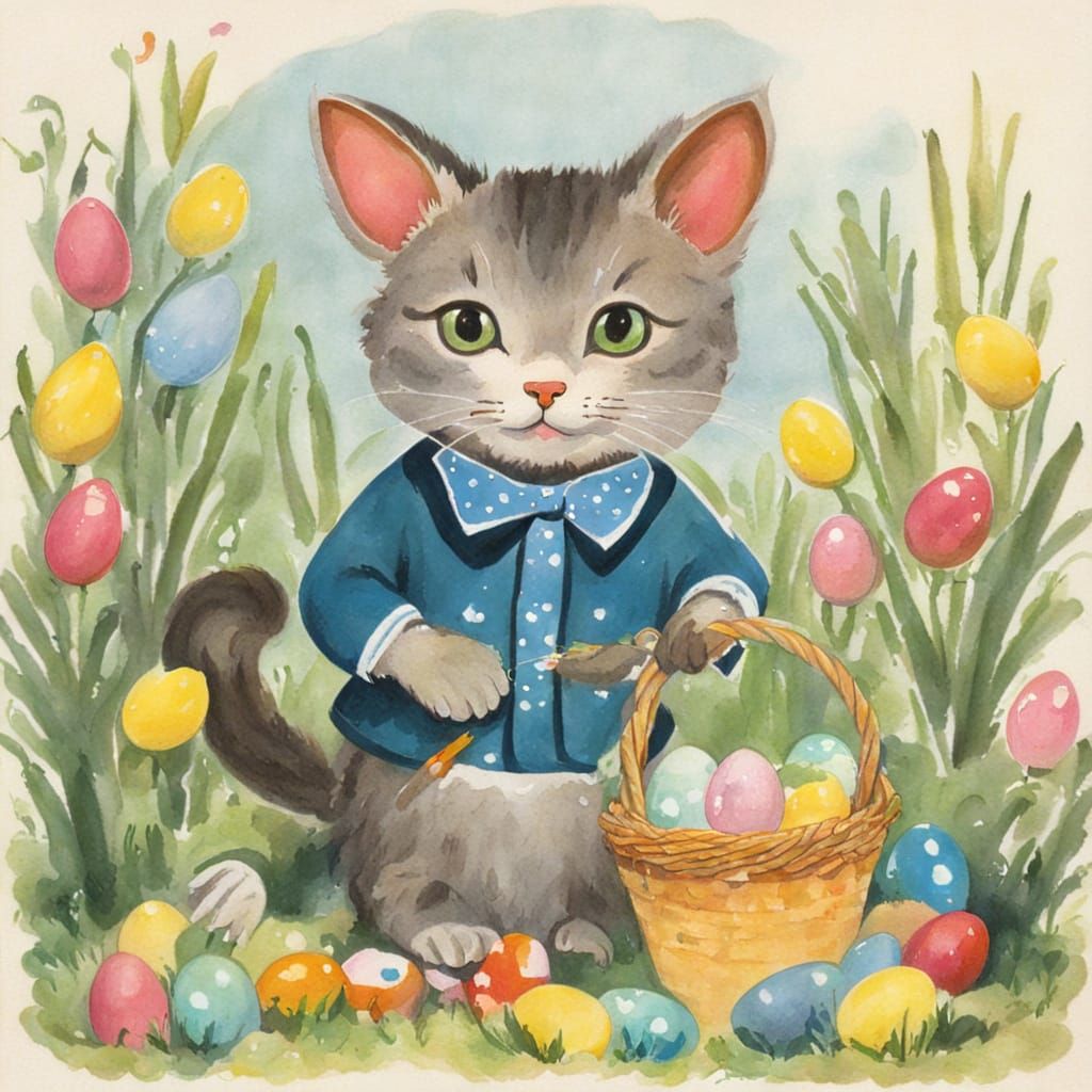Feline Easter Bunny in Vintage Illustration Style
